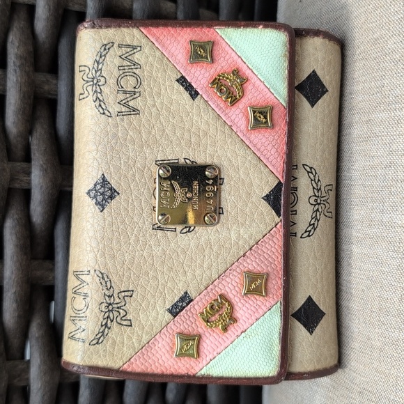 Authentic MCM Visetos Trifold Beige and Pink Leather Wallet with COA - Picture 2 of 11